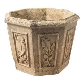 Vintage French Style Octagonal Cast Stone Owl & Oak Leaf Planter For Sale