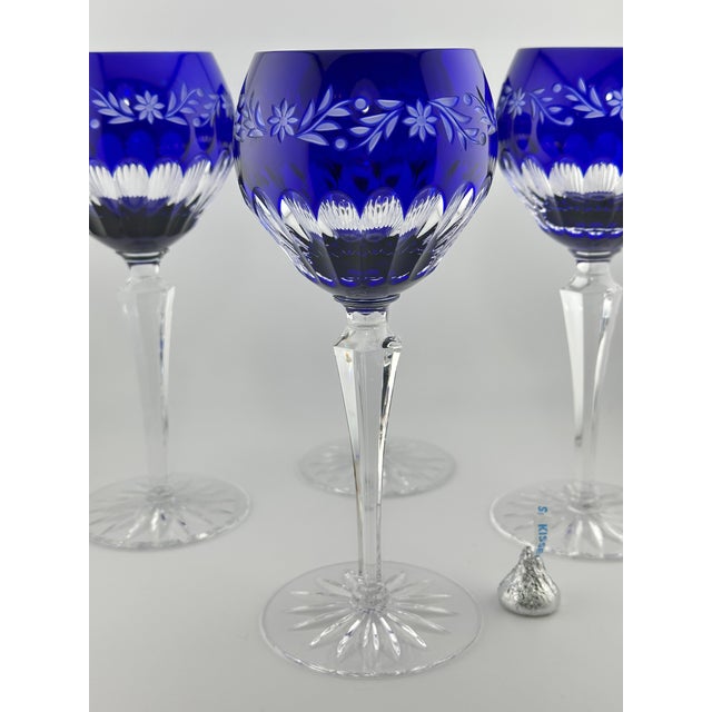 Contemporary Cobalt Cut-to-Clear Wine Hocks | Set of 4 Vintage Design Guild by Ajka Hungarian Crystal For Sale - Image 3 of 9