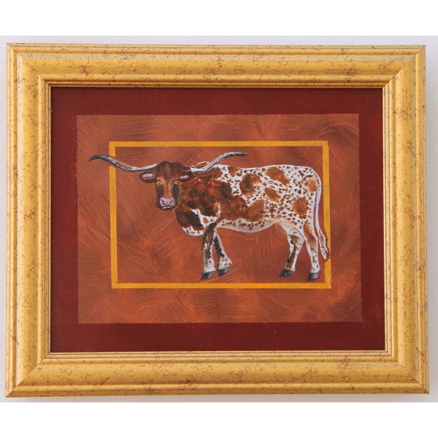 American Bull Cow Steer Western Americana Folk Art Traditional English Sienna Black Burgundy Original Oil Painting Cleo Plowden For Sale - Image 3 of 3
