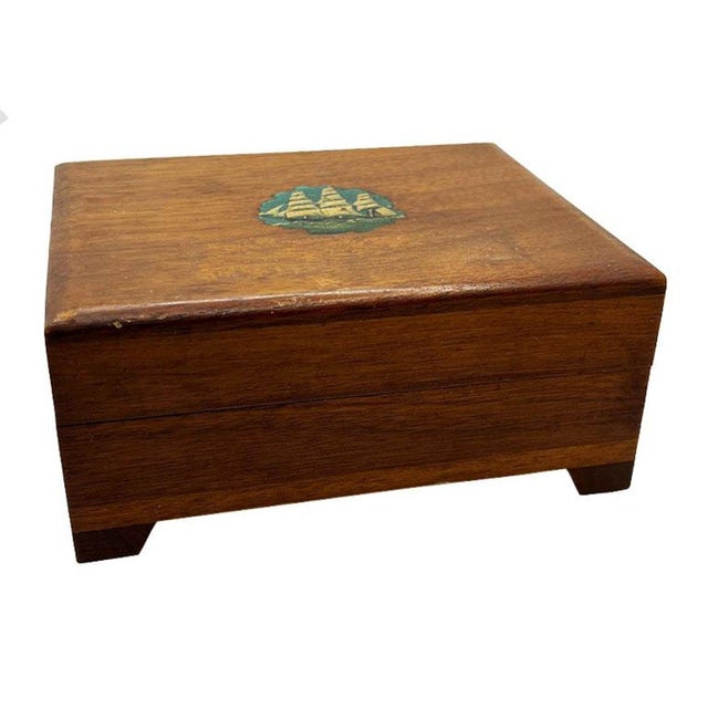 Mid 20th Century Vintage Brown Nautical Sailing Ship Wood Box with Hinged Lid For Sale - Image 4 of 10