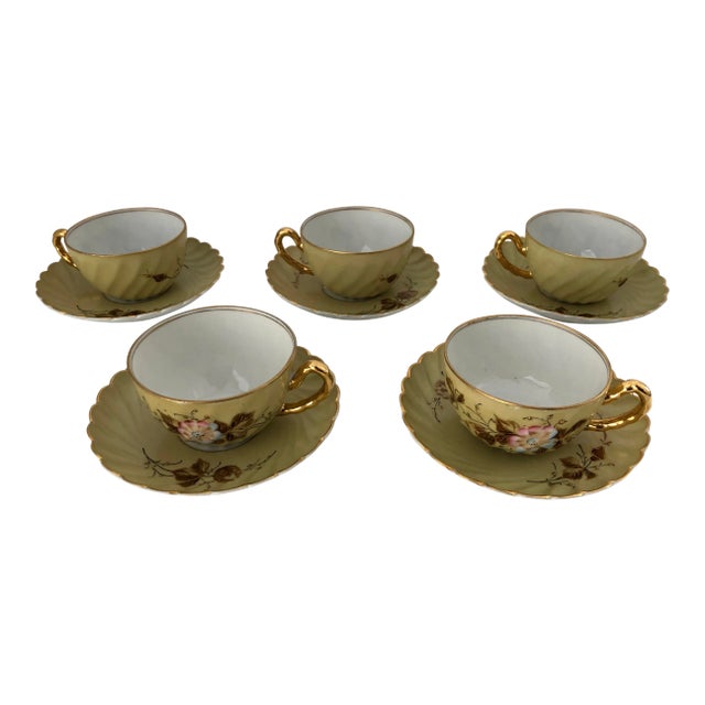 Vintage Hand Painted Floral Small Tea/ Demitasse Cups & Saucers S/5 For Sale