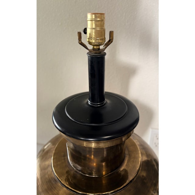 Wood 1970's Oversized Gold Brass and Black Wood Lamp With Black Shade in the Style of Ralph Lauren For Sale - Image 7 of 13