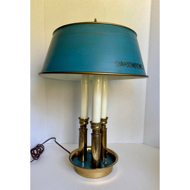 Vintage French Empire Revival Blue Tole and Brass Bouillotte Lamp For Sale - Image 4 of 14