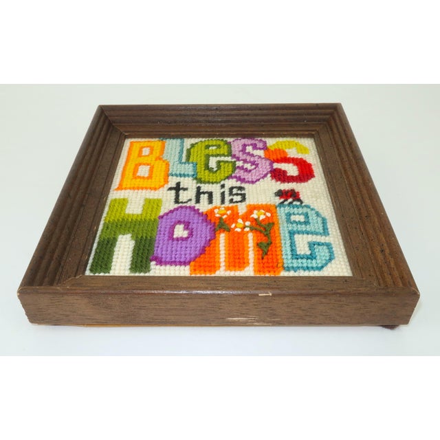 Wood Framed Vintage 'Love' & 'Bless This Home' Needlepoints, a Pair For Sale - Image 7 of 11