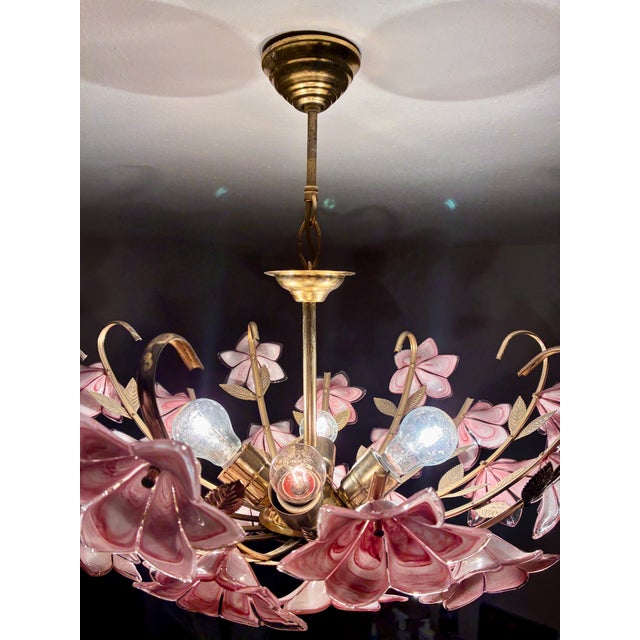 Italian Vintage Murano Glass Floral Chandelier – Rare Deep Pink Flowers, Flush Mount For Sale - Image 3 of 18