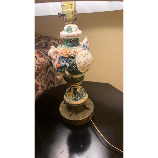 1960s Pair of Vintage Floral Porcelain Table Lamps With Reticulated Bodies and Ornate Metal Bases For Sale - Image 5 of 6