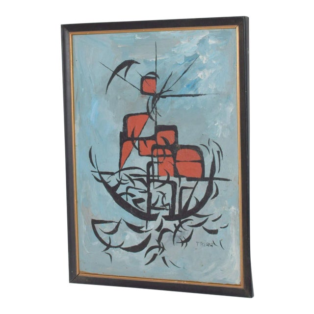 Modern Abstract Art Mid Century Boat Oil Painting 1960s For Sale