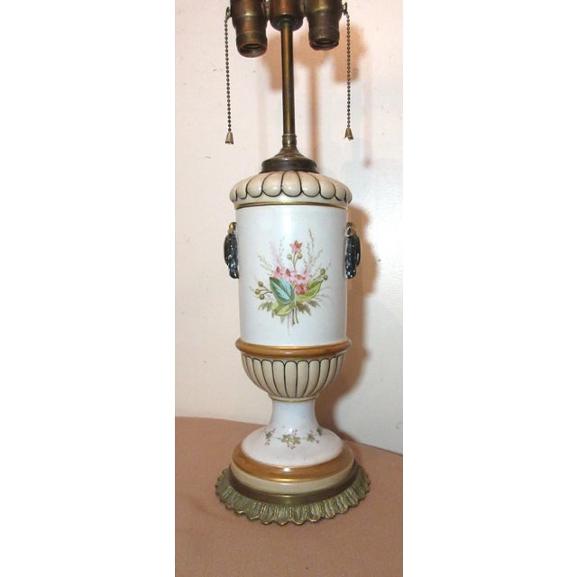 American Rare Antique 1800's Hand Painted Pottery Brass Porcelain Electrified Oil Lamp For Sale - Image 3 of 11