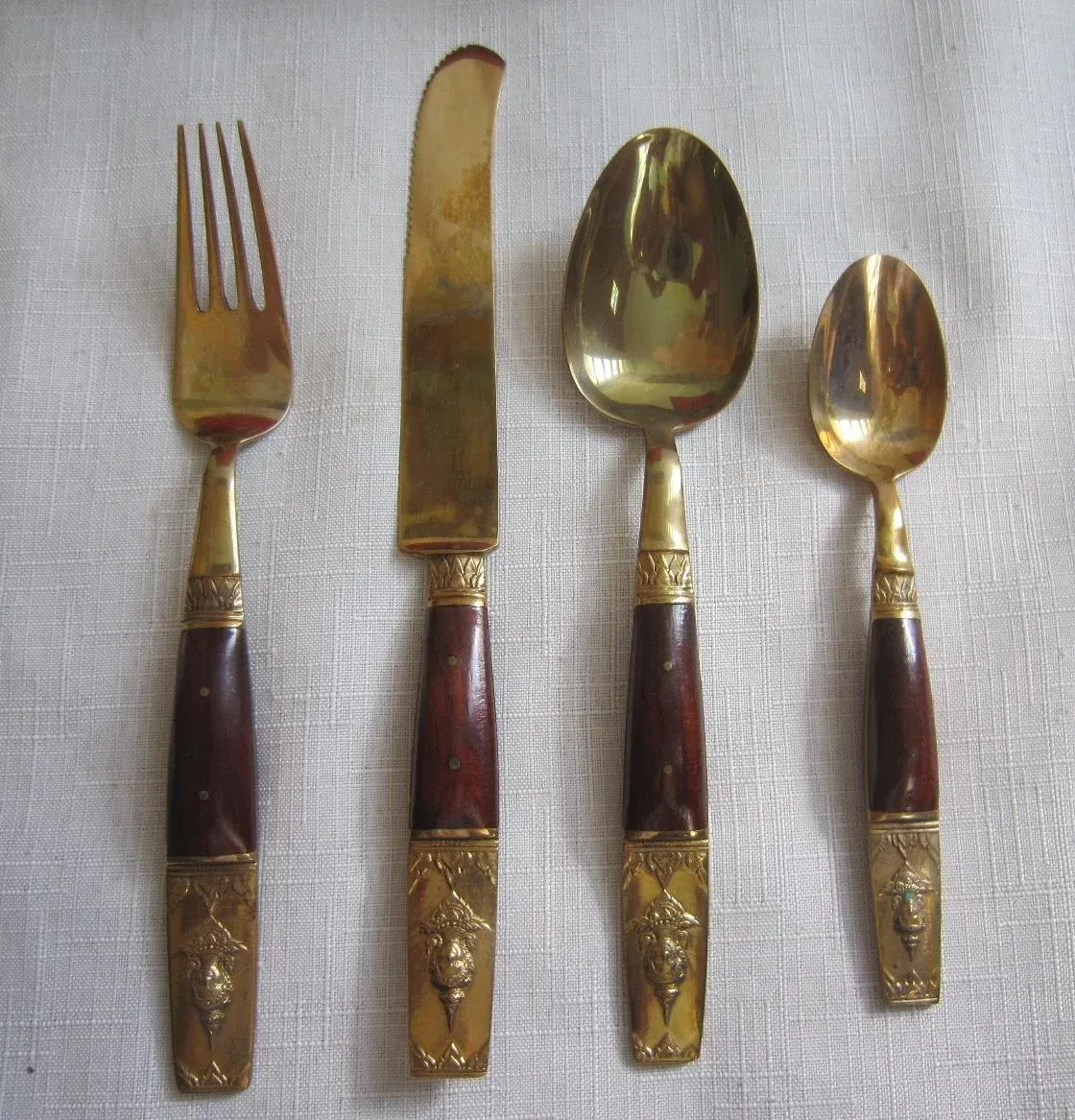 Vintage Siam Thai Brass and Rosewood Flatware Set, Service for 6