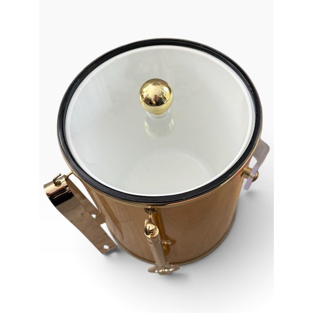 Vintage Mid-Century Modern Gold-Tone Ice Bucket With Lucite Handle, Lid, Tongs & Bottle Opener For Sale - Image 4 of 5