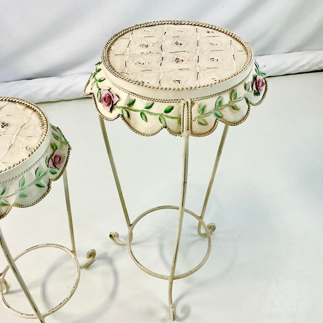 1950s Vintage French Style Boho Chic Scalloped Tole Rose Plant Stands - Set of 2 For Sale - Image 14 of 18