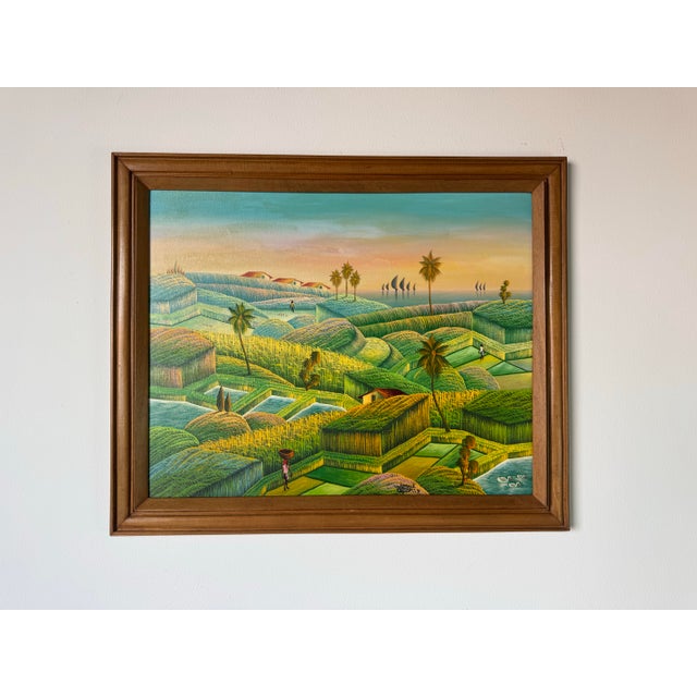 Mid-Century Modern 1990's Vintage Haitian Folk Art Landscape Oil Painting by Camille Torchon For Sale - Image 3 of 11