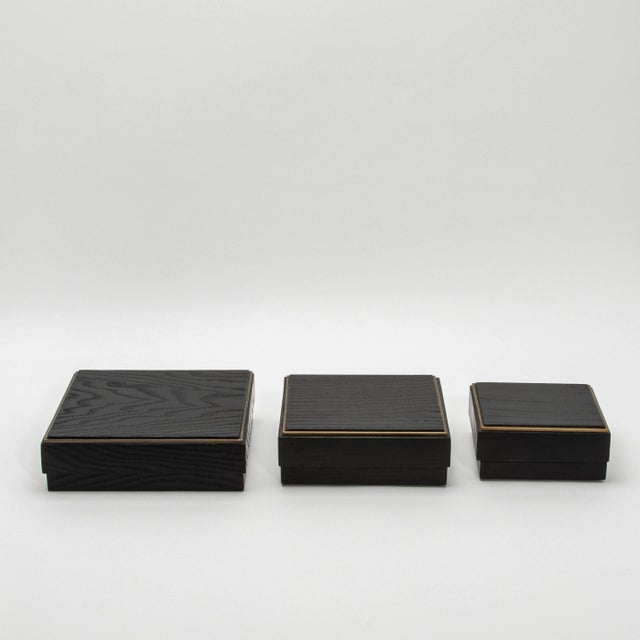 Wood Set of 3 Square Boxes in Black Oak With Brass Frame by R&y Augousti For Sale - Image 7 of 8