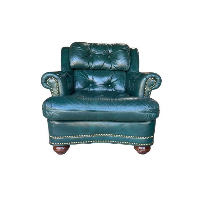 Vintage Thomas-Bain Leather Club Chair & Ottoman Set in Peacock Teal Green | Tufted Traditional Lounge Seating For Sale - Image 10 of 18