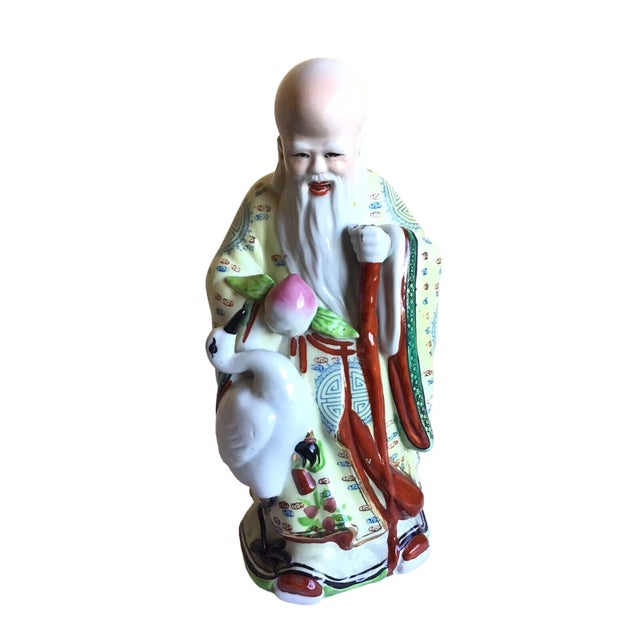 Vintage Mid 20th Century Chinese Famille Rose God of Longevity Hand Painted Porcelain Figurine For Sale - Image 10 of 10