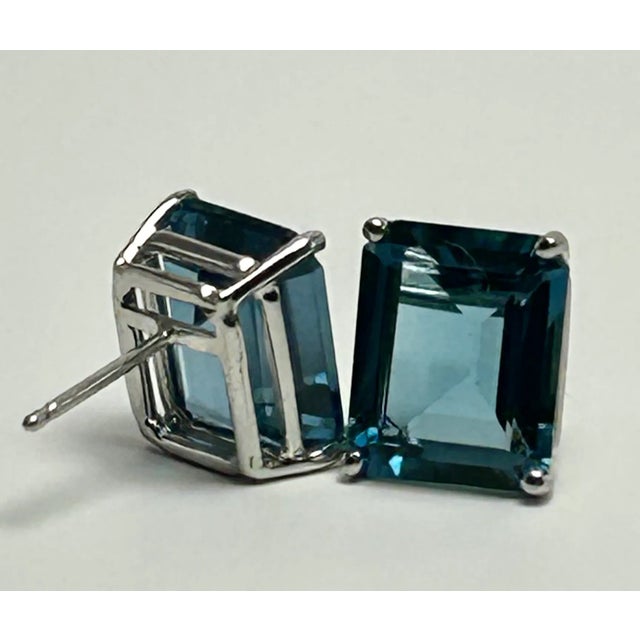 Traditional 14k White Gold & Emerald Cut London Blue Topaz Earrings - 2 Pieces For Sale - Image 3 of 7
