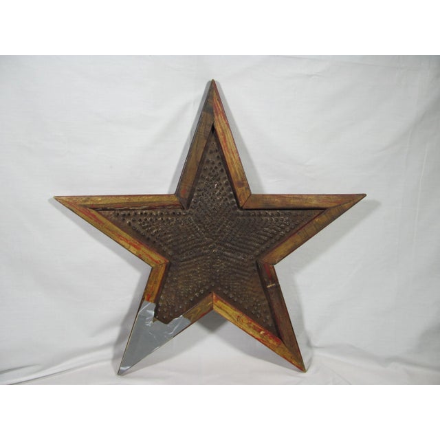 Brick Red 25" Vintage American Handmade Farm Barn Rustic Punched Tin and Wood Garnet Red Star Hanging Wall Art For Sale - Image 8 of 13