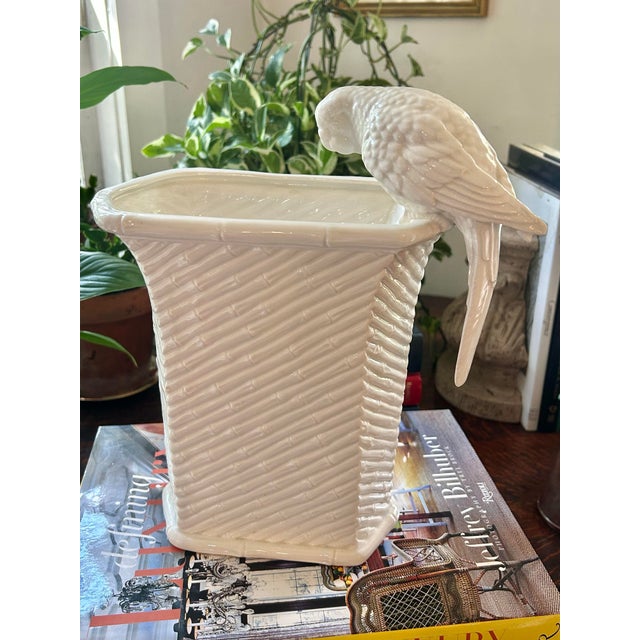 Fitz and Floyd 1970s Fitz & Floyd White Parrot Faux Bamboo Chinoiserie Planter Japan For Sale - Image 4 of 11