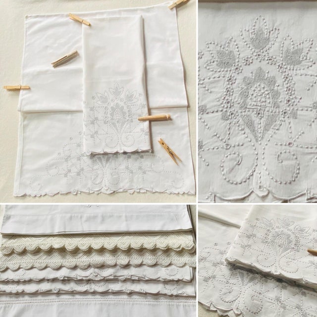 Set of 7 Antique Linen & Cotton Pillowcases With Lace Trim & Monogram — C. 1920s, Nantucket Estate For Sale - Image 6 of 18