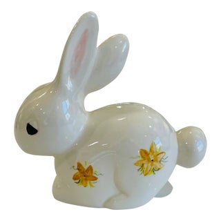 Easter Decor: Easter Bunny Ceramic Figurine With Hand-Painted Daffodils For Sale