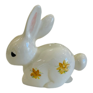 Easter Decor: Easter Bunny Ceramic Figurine With Hand-Painted Daffodils
