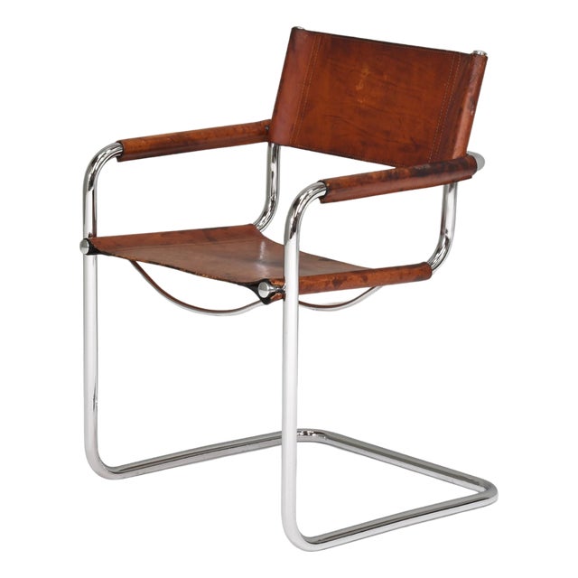 S34 Dining Armchair in Cognac Saddle Leather by Mart Stam for Fasem, 1970s For Sale