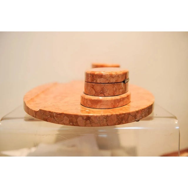 Metal Art Deco Marble Desk Set with Pop Up Inkwells and Pen Holder For Sale - Image 7 of 8