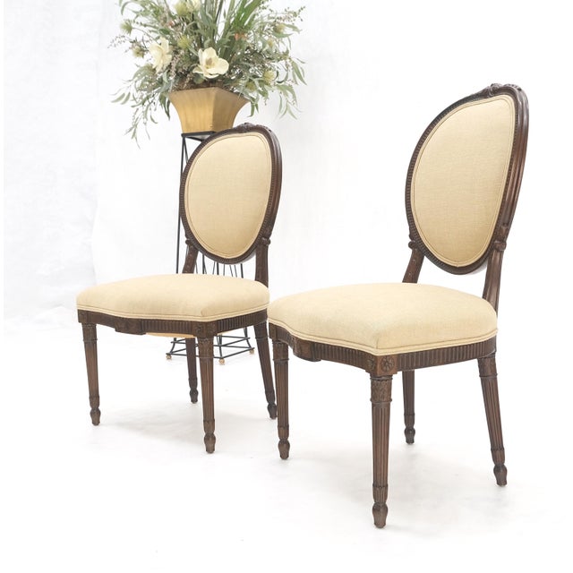 Pair of Finely Carved Walnut Cameo Back Louis XVi Side Fire Chairs New LINEN Upholstery MINT!