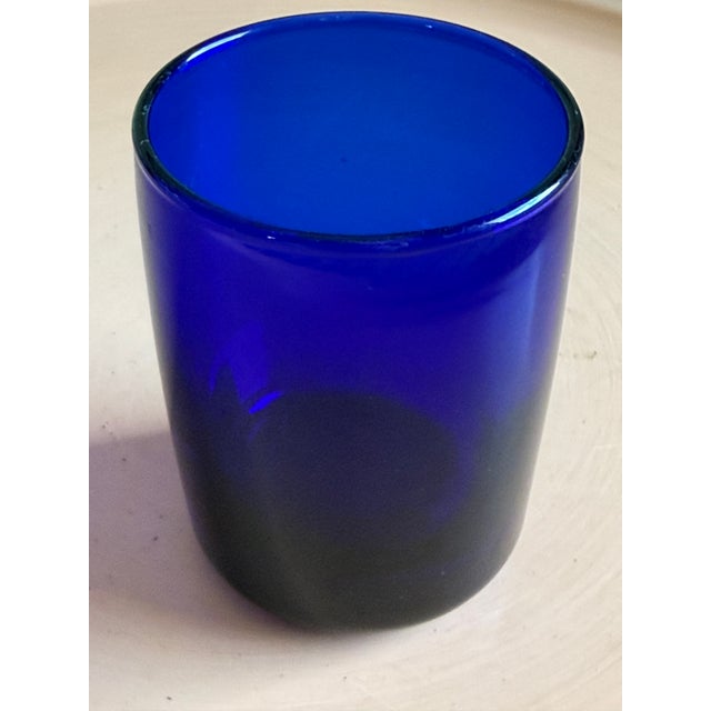 Libbey Glass Co. Art Deco Style Cobalt Blue Glasses, Set of 7 Hand Blown Lowball Glassware Set For Sale - Image 4 of 16