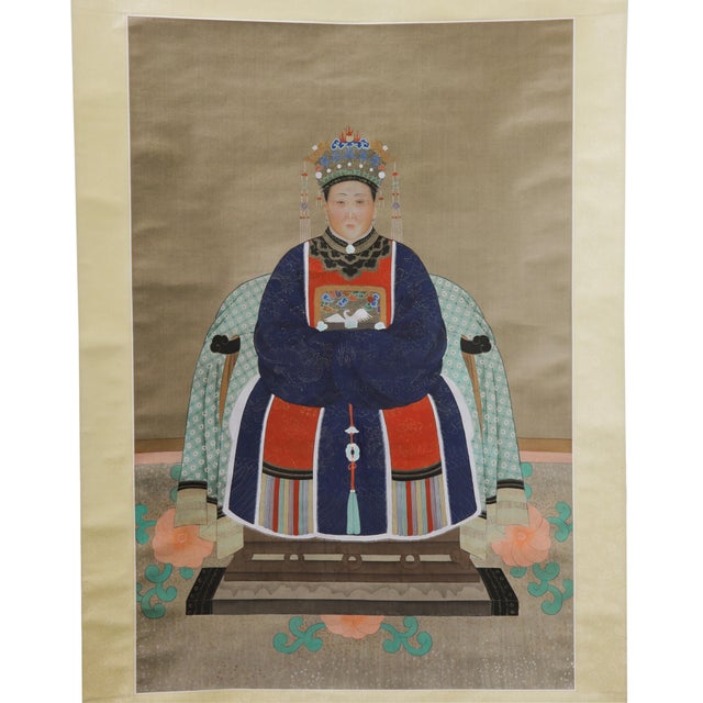 This compelling vintage Chinese scroll painting features an Imperial Ancestor Portrait of a high-ranking Qing Dynasty...