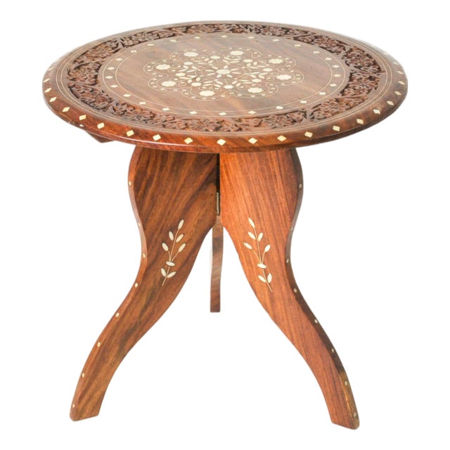 Vintage Floral Carved Inlay Table With Folding Legs 15" For Sale