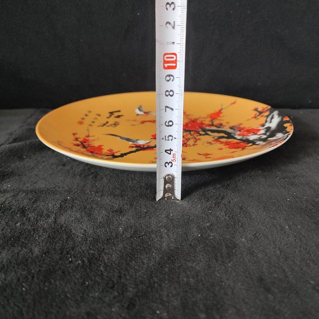 Chinese Ceramic Plate,Yellow Glaze Porcelain Plate Hand Painted Flowers and Birds Pattern For Sale - Image 10 of 10