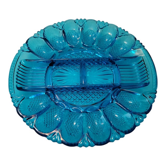 Vintage l.e. Smith Cerulean Blue Egg / Relish Plate For Sale
