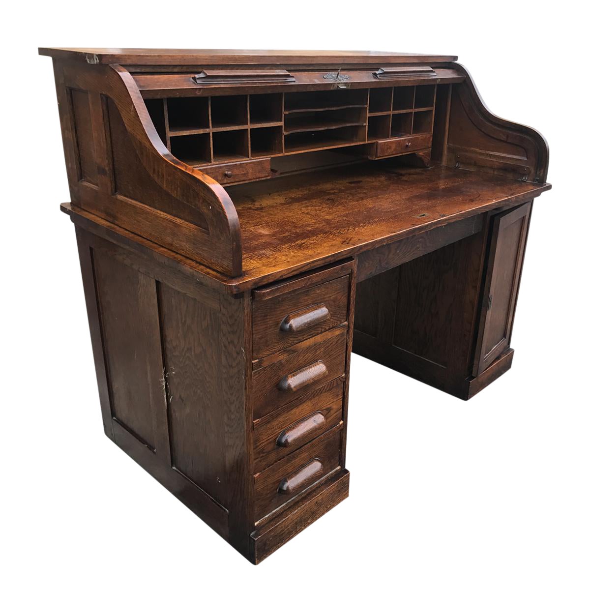 Antique Large Shelbyville Tiger Oak Roll Top Secretary Office Desk