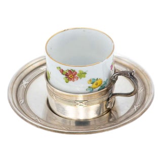 Porcelain Teacup with Silver Saucer, Set of 2 For Sale