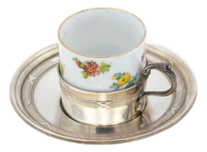 Porcelain Teacup with Silver Saucer, Set of 2