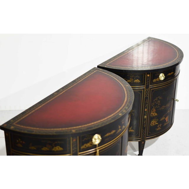Mid Century French Chinoiserie Leather Top DemiLune Commode - A Pair For Sale In Chicago - Image 6 of 14