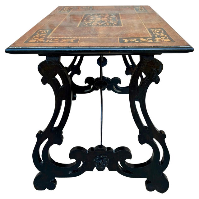 Spanish Baroque Side Table with Lyre Legs and Marquetry Top, 1850 For Sale - Image 9 of 18