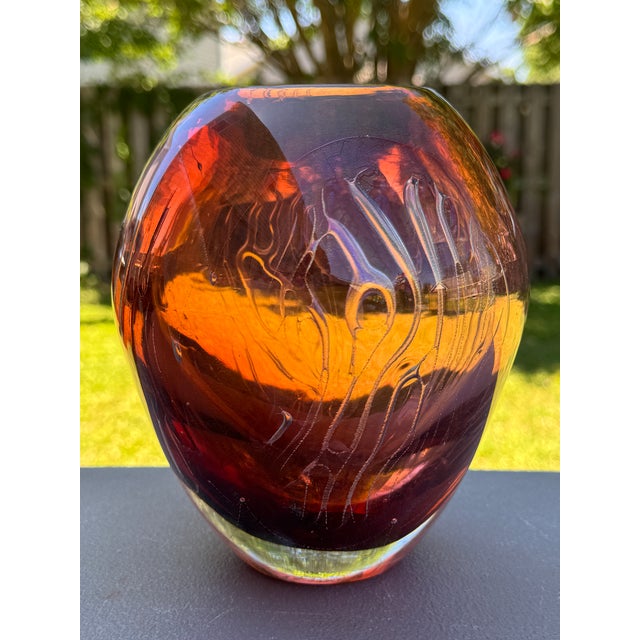 Offering for sale this awe-inspiring thick-walled studio art glass vase with the following features: - Signed J Figueroa...