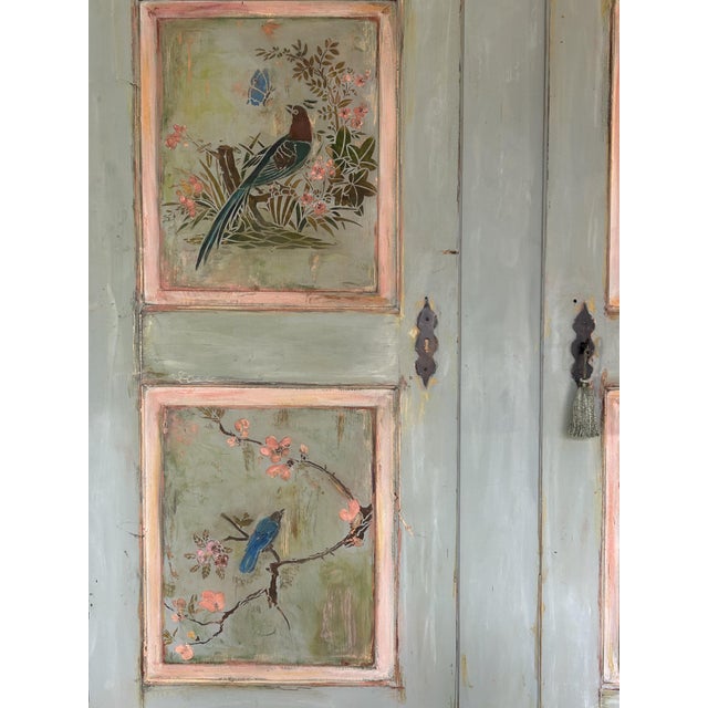 Gray Large Vintage Painted Pine Double Wardrobe with Inlaid Chinoiserie, 1890s For Sale - Image 8 of 14