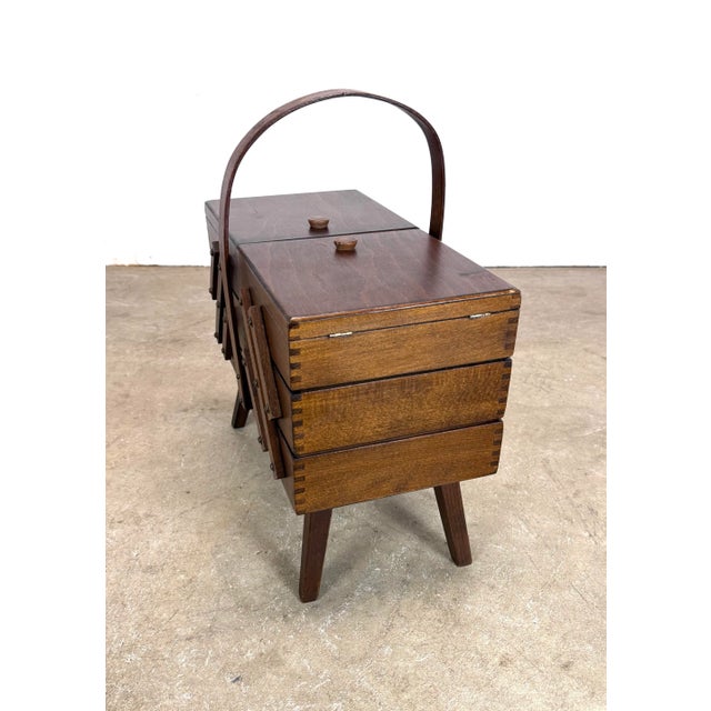 1960’s Mid Century Modern Expanding Wooden Sewing Box For Sale - Image 10 of 12