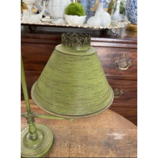 American Petite Vintage Mid Twentieth Century Green Toleware Metal Desk Lamp With Offset Shade For Sale - Image 3 of 10