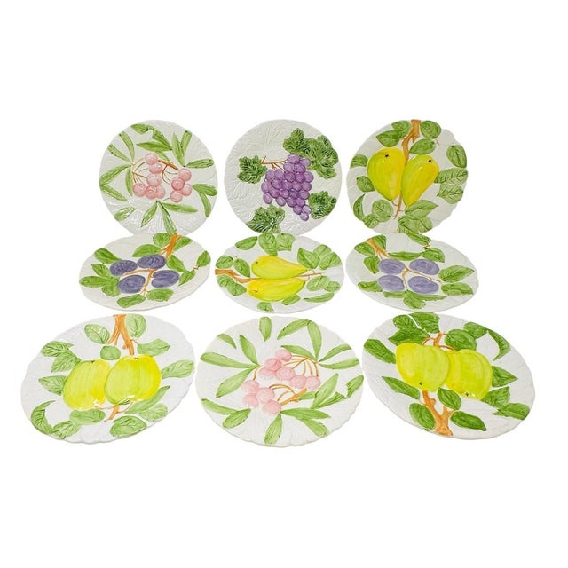 1980s Rare Shafford "Fruit Du Jour" Majolica-Style Hand-Painted Ceramic Plates - Set of 9 For Sale - Image 16 of 18