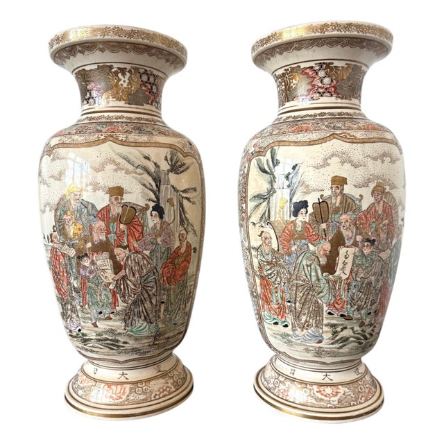 Large Pair Japanese Satsuma Ceramic Vases Kozan Meiji Period For Sale