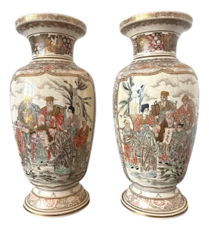 Large Pair Japanese Satsuma Ceramic Vases Kozan Meiji Period