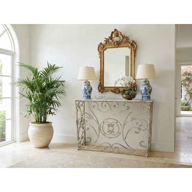 Vintage French Country Whitewashed Wrought Iron Console Table With Marble Top For Sale - Image 12 of 12