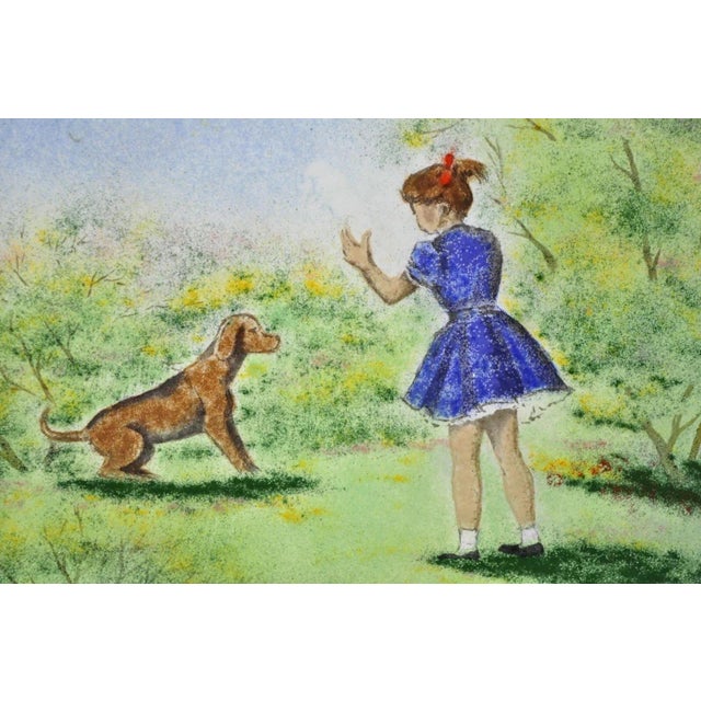 Modern Late 20th Century Dom Dominic Mingolla Enamel on Copper Painting Girl With Dog in Field For Sale - Image 3 of 8