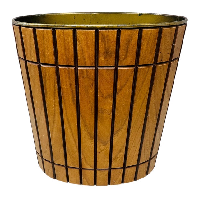 Vintage MCM Gruvwood Walnut Slat Trash Can | Mid Century Modern Wastebasket National Products Louisville Ky | 1964 World's Fair House of Good Taste For Sale - Image 4 of 10