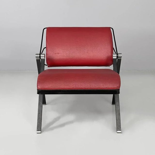 Italian modern red leatherette armchair by Formanova, 1980s Armchair with squared seat and backrest, padded and...