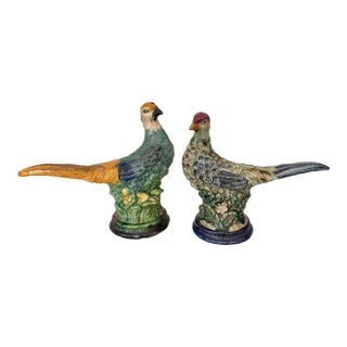 Late 20th Century Majolica Style Pheasant Pair For Sale